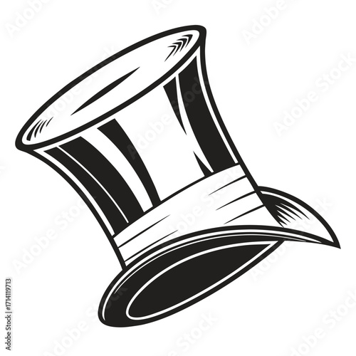 Black and white graphic illustration of a tilted top hat with a ribbon band on a white background