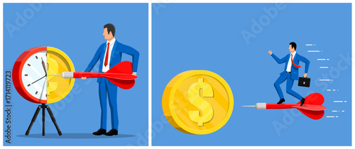 Business man breaking time clock with dart to reach dollar money. Entrepreneur on dart flying towards big coin. Investment, financial target and deadline concept.