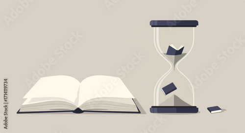 Open book with hourglass illustrating passing time, symbolizing knowledge acquisition, represents information exploration. Hourglass reveals moments ticking by as open book becomes source of learning,
