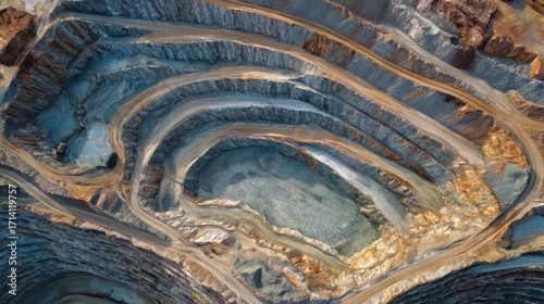 Aerial wide shot of a vast open-pit lithium mine landscape