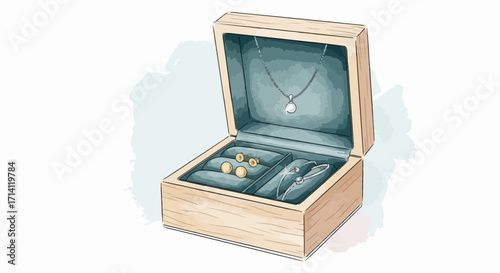 Watercolor jewelry box displaying various ornaments and necklaces, providing elegant storage for precious keepsakes. Inside jewelry box are pearl earrings, gem rings, and pendants on chains,