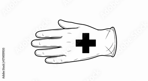 Hand hygiene illustration showing medical glove with a cross symbol, essential for healthcare settings.
