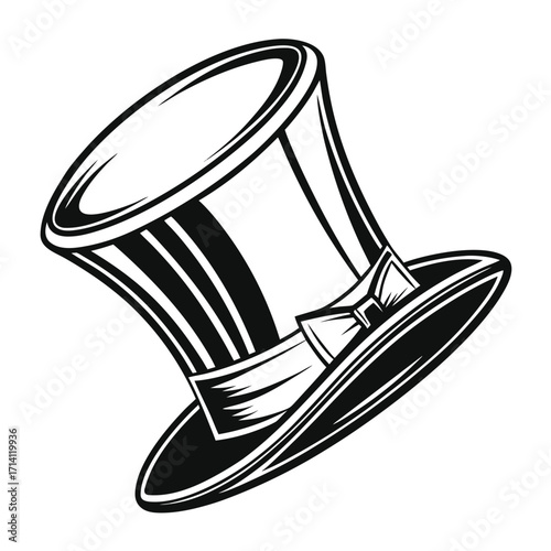 Black and white graphic of a tilted top hat with a bow tie accent on the ribbon band on a white background