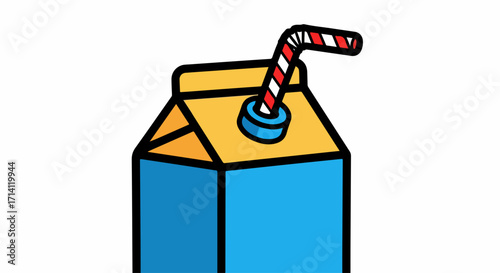 Blue juice box with red striped straw. Cartoon juice box with red striped straw for refreshing drink, and a delicious beverage. Concept juice box design for kids menu. Refreshing juice box idea.