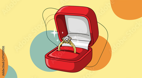 Luxurious diamond ring with single stone set in red box against pastel background. Diamond ring is classic symbol of commitment, perfect for proposal or gift giving,