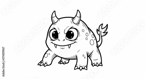 Cartoon monster illustration features cute beast with horns and tail on white background. Cartoon monster design is adorable and charming, making it ideal for children's books and animated series.