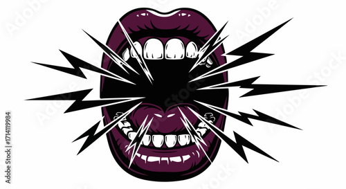Open mouth screaming with lightning strikes, a graphic illustration representing loud noise. Open mouth screaming illustration with black hole and chaotic energy.