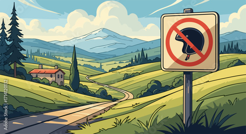 No helmet warning sign in scenic countryside landscape with hills and house. No helmet sign indicates safety regulations and cautions against riding without head protection.