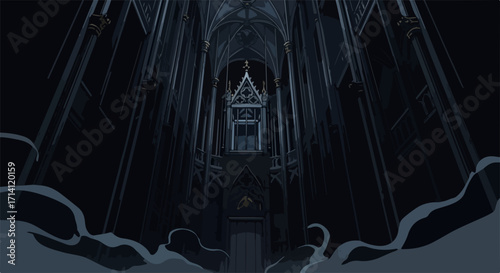 Dark gothic cathedral interior with high ceilings and stone architecture.  Imposing cathedral showcases intricate details and dramatic lighting.