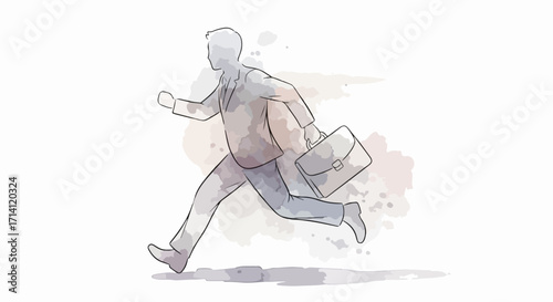 Running man with briefcase hurries to work in sketched style. Running man is portrayed in motion, carrying important documents, showing speed and determination.