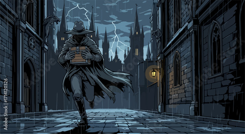 Running in street during storm showcases dramatic scene with cloaked figure, illuminated by lightning, in an urban setting. Running in street during storm adds to atmospheric mood,