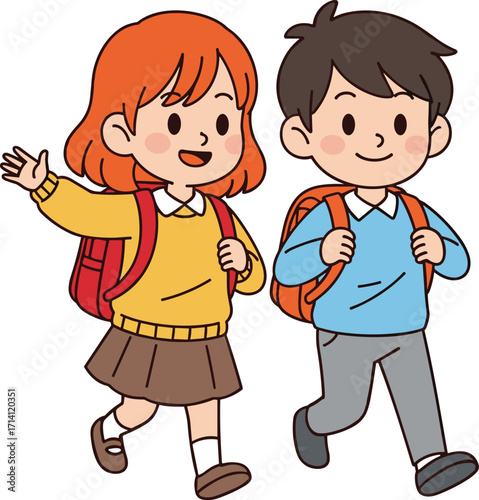 Cartoon children walking together, school backpack characters, friendly conversation pose, cheerful student illustration, educational journey scene artwork