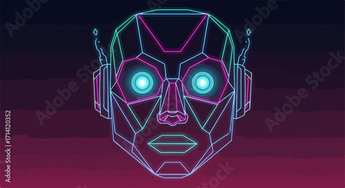 Glowing neon cyborg head against dark pink and purple background creates an evocative impression, neon cyborg head is formed by geometrical lines, glowing, and futuristic design.