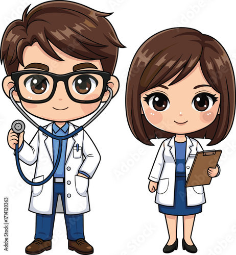Cartoon doctors illustration, male and female medical professionals, healthcare characters with stethoscope and clipboard, hospital staff concept art