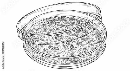 Illustrative petri dish filled with cultures displayed on white. Petri dish containing samples shows experiments in science. Petri dish usage displays scientific study in laboratory,