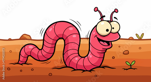 Cartoon earthworm illustration coming out of ground with a big smile. Cartoon earthworm illustration shows details of a cartoon worm in soil smiling.