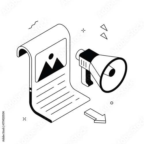 Content marketing isometric illustration highlighting blogs, articles, and promotions.