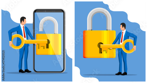 Man holding giant key to unlock smartphone and padlock. Mobile security and data access concept. Digital information protection.