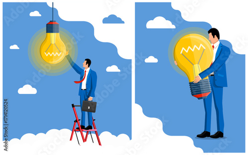 Business man finding creative idea. Male on ladder reaching lightbulb, other man holding giant lightbulb. Innovation concept.
