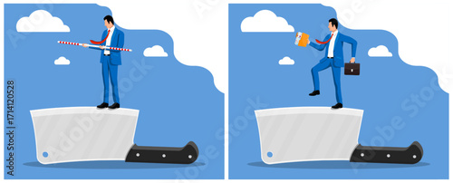 Risk management concept with business man balancing on knife edge and walking with document and briefcase.
