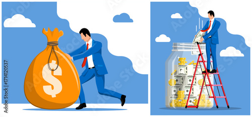 Man pushing money bag with dollar sign. Businessman saving money in jar. Investment, financial growth, and pension planning concept.