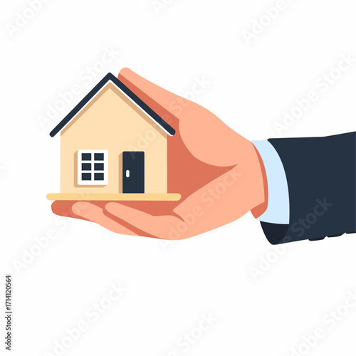 Illustration of a hand offering a small house, symbolizing home ownership. Isolated on a white background.