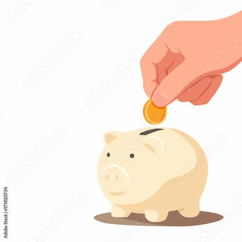 Illustration of a hand putting gold coins into a piggy bank. Isolated on a white background.