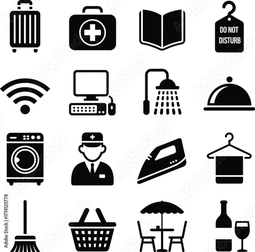 Hotel amenities icons vector set travel service room luggage wifi cleaning dining laundry staff