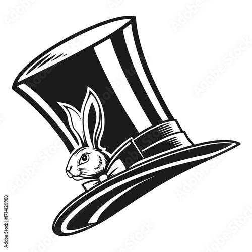 Black and white illustration of a magician's top hat with a rabbit peeking out from the brim bunny