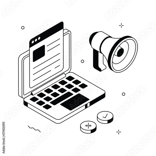 Isometric illustration of a laptop and a megaphone, symbolizing digital content marketing.