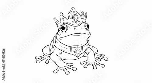 A charming frog prince illustration with crown and collar on white background. Cute frog prince illustration in line art style is perfect for coloring books and printable activities.