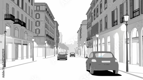 Elegant city street view with cars and classic architecture, perfect for sophisticated design projects