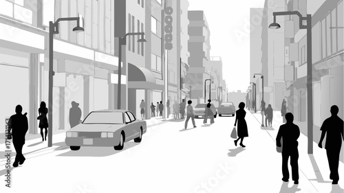 City street scene with pedestrians walking by shops and cars, captures urban life and movement, monochrome
