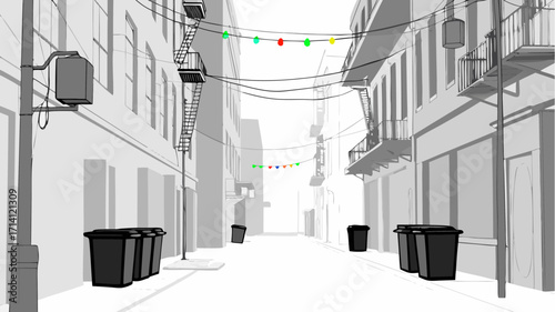 City street scene with festive decorations and fire escapes, perfect for urban lifestyle content