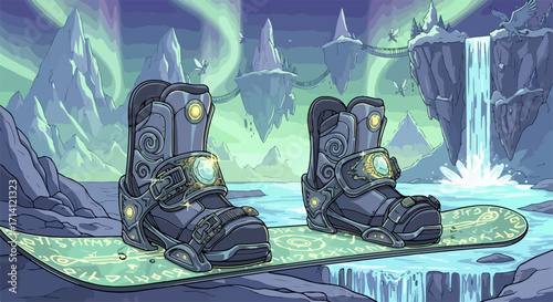 Snowboard boots depicted on board against backdrop of aurora borealis and fantasy waterfalls. Snowboard boots set up against otherworldly vista,