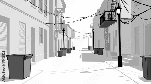 Moody urban alleyway with vintage streetlights and string lights creates mysterious atmosphere
