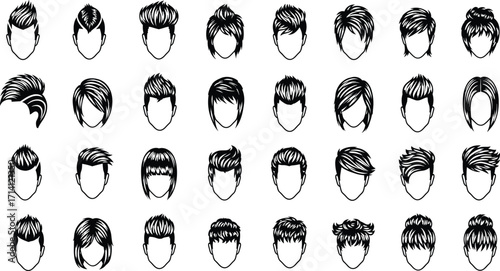 Set of 30 male hairstyle silhouettes, black vector icons, modern haircut styles collection, barbershop reference, fashion design elements