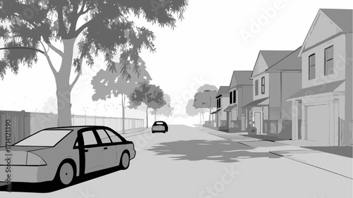 Serene suburban street scene with houses and cars in a peaceful neighborhood setting, vector illustration