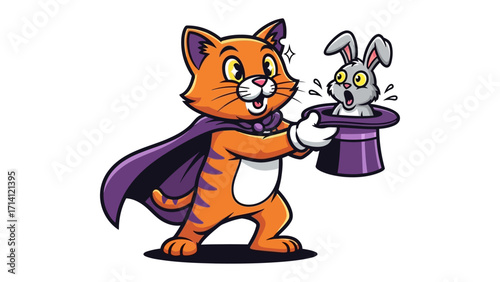 Magical Cat's Hat Trick: A whimsical cartoon captures a charming cat performing a classic magic trick, pulling an amazed rabbit from a magician's hat, bringing a sense of delight.