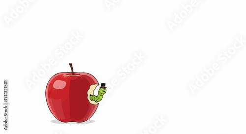 Red apple bite with green worm, illustration on white background. This red apple shows a worm crawling from inside, colorful design with red apple for a humorous feel, making a red apple bite design.