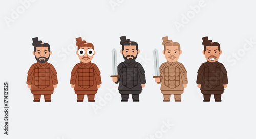 Terracotta army with ancient warriors in uniform and swords standing in horizontal row. Terracotta army showing rich cultural heritage,