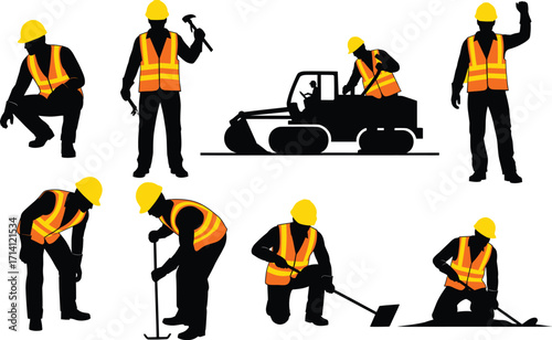 
Workers at a construction site are performing various tasks, including building, digging, and operating machinery.