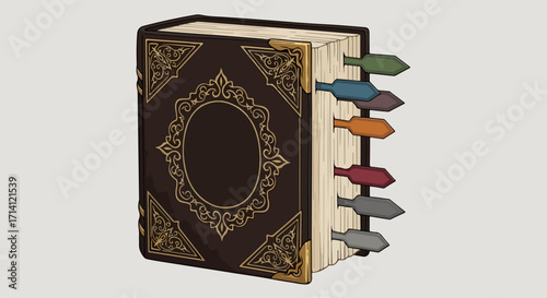 Antique book with colorful bookmarks illustrates reading and knowledge, showcasing antique book aesthetics. Aged tome with ornate details, representing wisdom and storytelling,