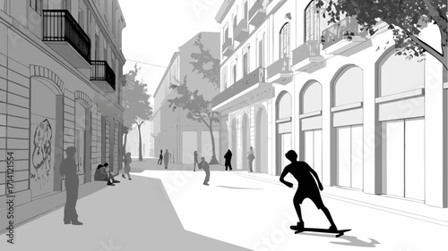 Urban skater cruises through city street with architectural buildings and people in a modern illustration