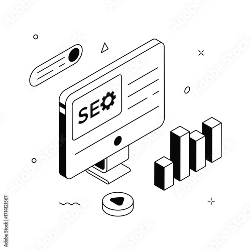 SEO marketing concept isometric illustration with search and growth metrics