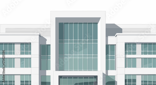 Building facade with large windows in geometric style in bright light. Building facade features clean lines and modern architecture, emphasizing a simple yet elegant architectural design.