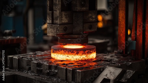 Industrial press forging hot glowing steel piece on factory floor.