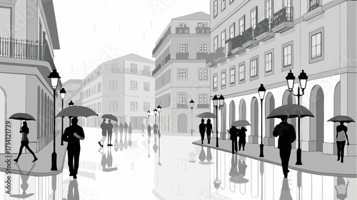 Stylish urban scene showing people walking with umbrellas on a rainy city street