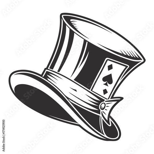 Black and White Illustration of a Top Hat with a Playing Card Emblem and Ribbon Detail spade ace of spades