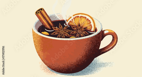 Hot mulled wine in red cup with steam and spices for festive season. Mulled wine with decorative orange slice, star anise, cinnamon stick, and cloves adds holiday cheer.